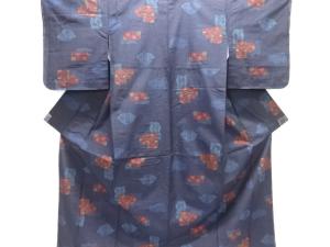 未使用品 破れ色紙に花模様織り出し手織り紬着物